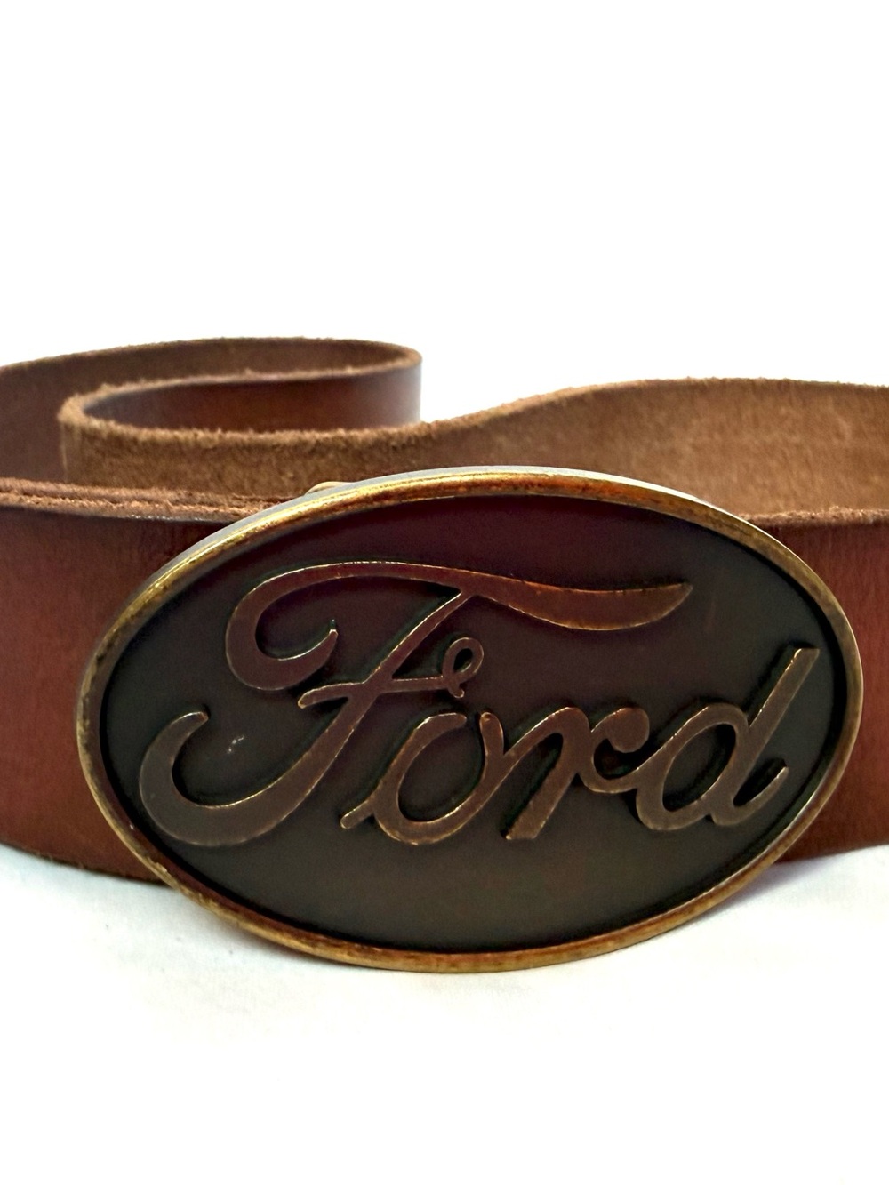 Lucky Brand Ford Logo Leather Belt Brown Brass Buckle Size 32